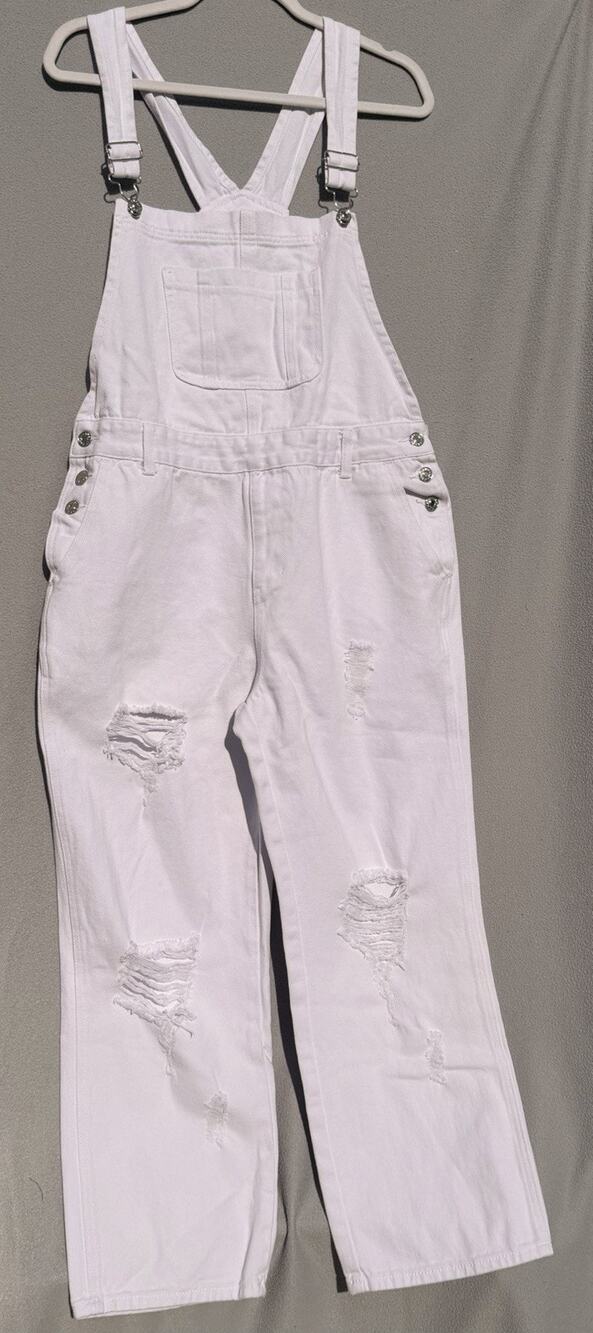 White Distressed Denim Overalls Women’s Cropped Wide Leg Bib Jeans Casual